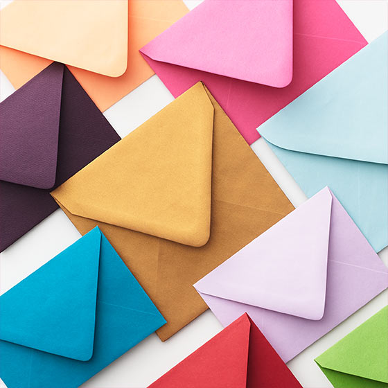 Envelopes in a multitude of colors.