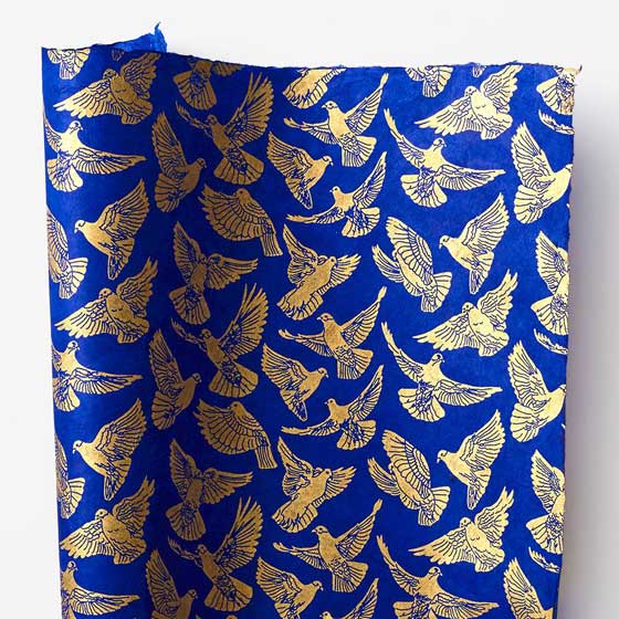 Gold Birds on Sapphire Handmade Paper.